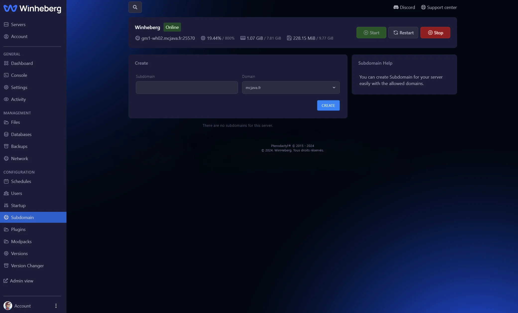 Panel Utilisateur WinHeberg.fr